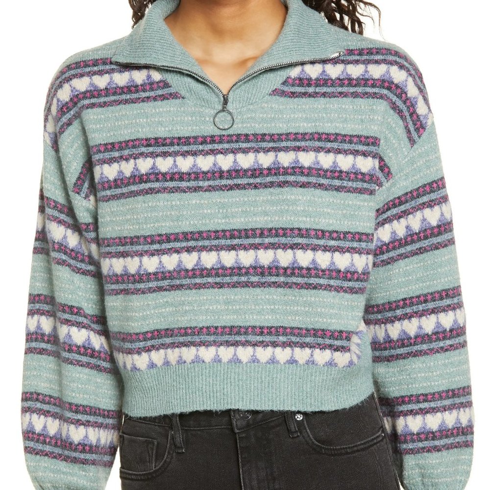 Women's Bp. Hearts Zip Mock Neck Sweater, Size Small - Green NWT 4495